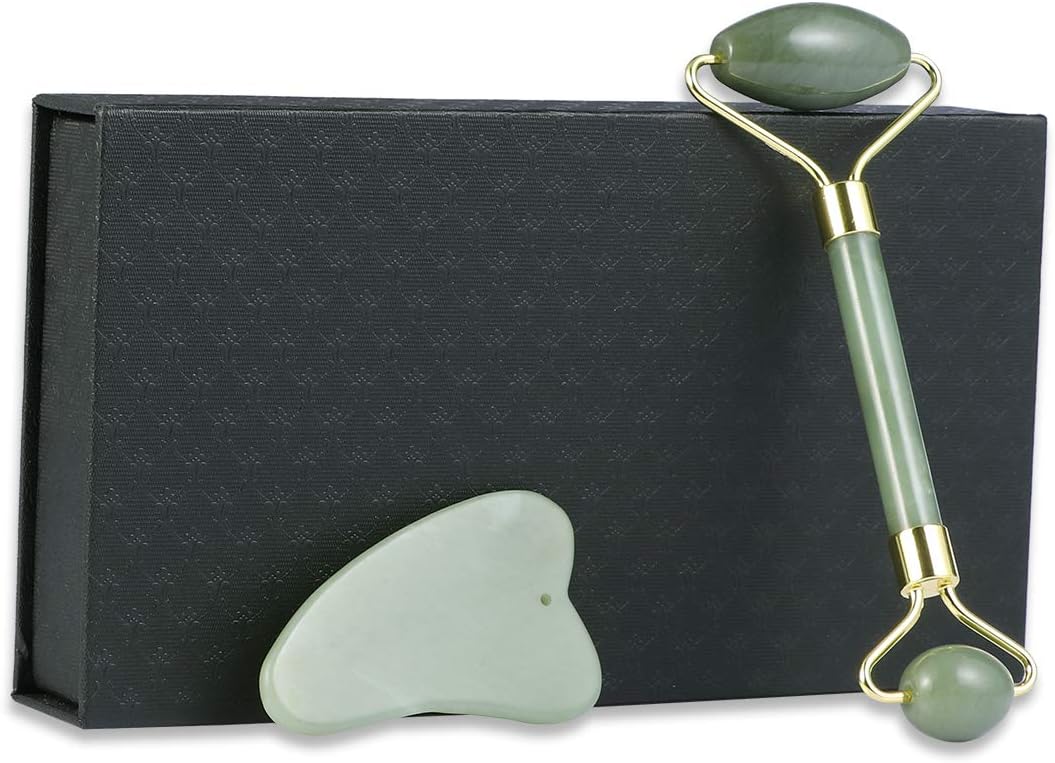 Gua Sha Facial Tools Guasha Tool Gua Sha Jade Stone for Face Skincare Facial Body Acupuncture Relieve Muscle Tensions Reduce Puffiness Festive Gifts (Green-Set)