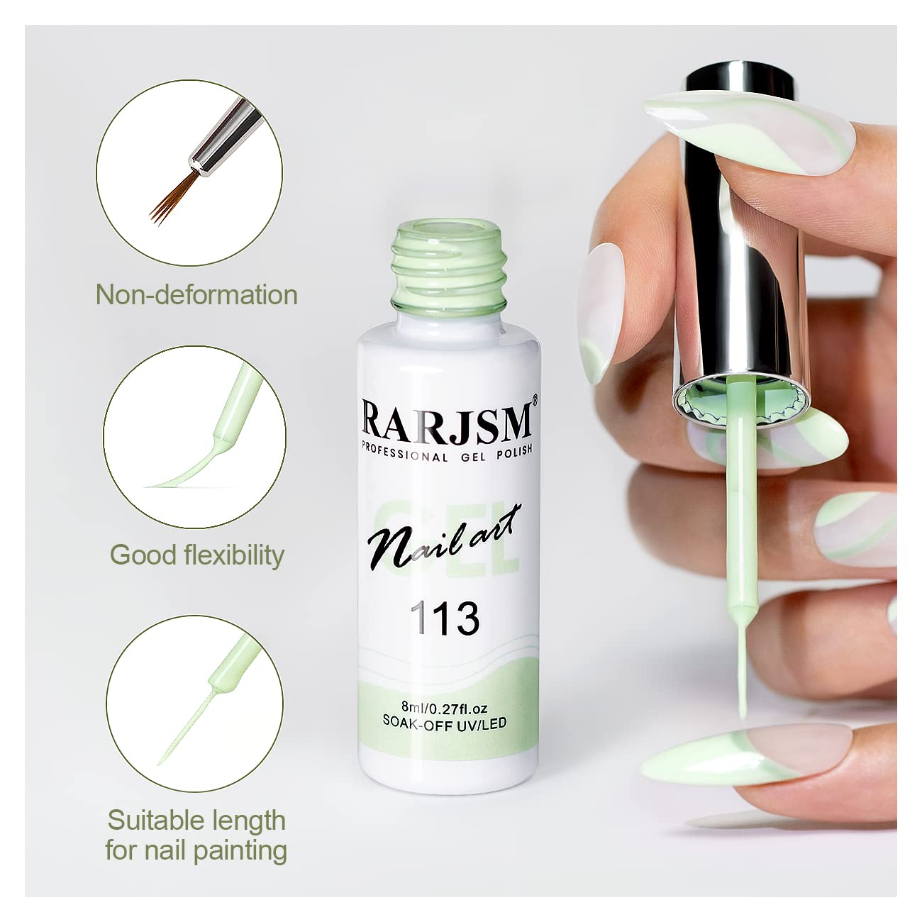 RARJSM Nail Art Liner Gel Nail Polish,Pastel Green Spring Summer Colors Pigment Gel Art Paint for Swirl Nails Painting Design Detailing Built in Thin Sharp Nail Brush Soak off Curing Required 8ml