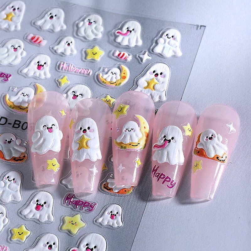 Halloween Nails Stickers White Cute Ghost Nails Sticker 5D Embossed Orange Pumpkins Self Adhesive Sticker Nail Decals Black Cat Nail Art Decal Halloween Decals for Nail DIY Manicure 2Sheet