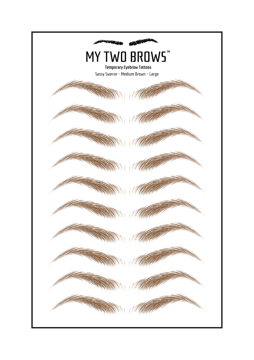 (10 pairs) Medium Brown Temporary Eyebrow Tattoo - Large Size - Waterproof & Smudgeproof - Sassy Swerve Style Eyebrow Stickers - Sheet Lasts up to 30 Days - Won't Work on Existing Brows