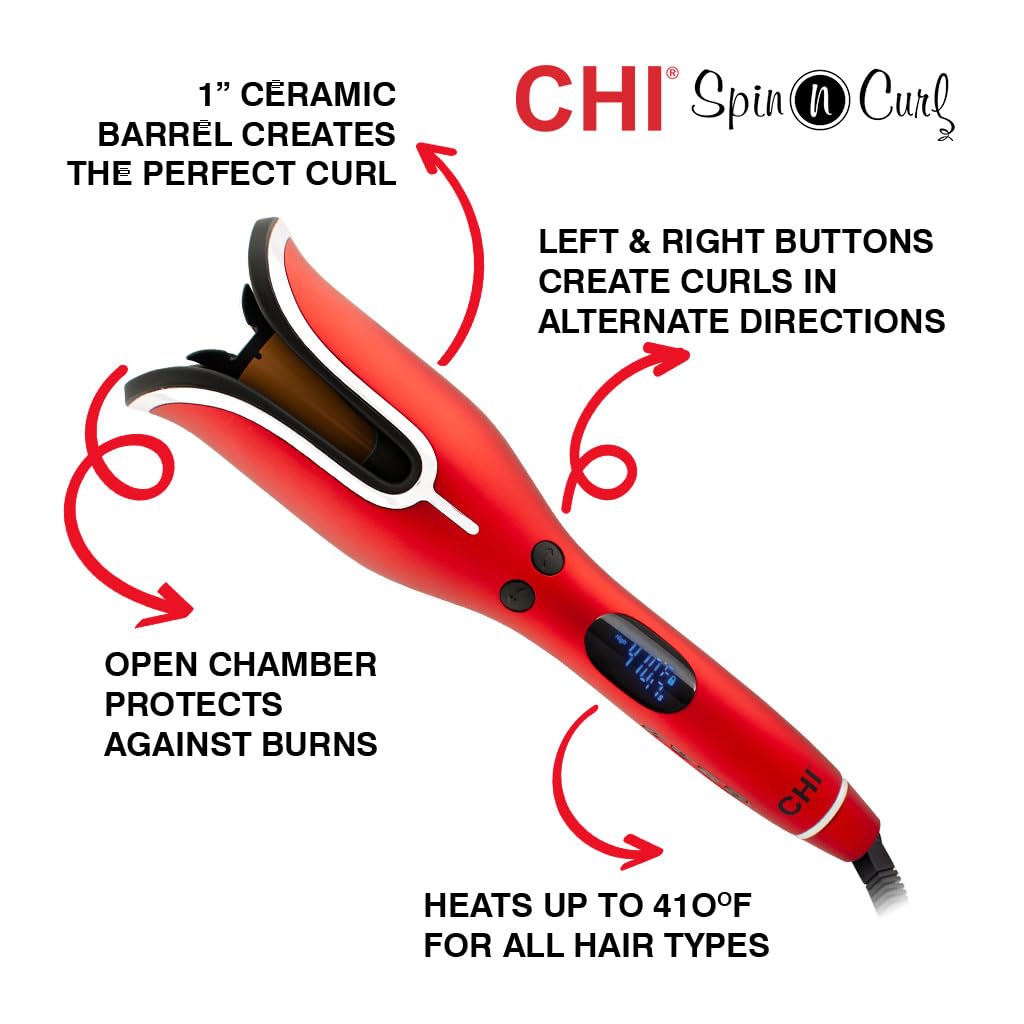 CHI Spin N Curl, Curling Iron For Healthy & Shiny Effortless Curls & Waves, Provides Preset Temperature Settings For Each Hair Texture, Ruby Red