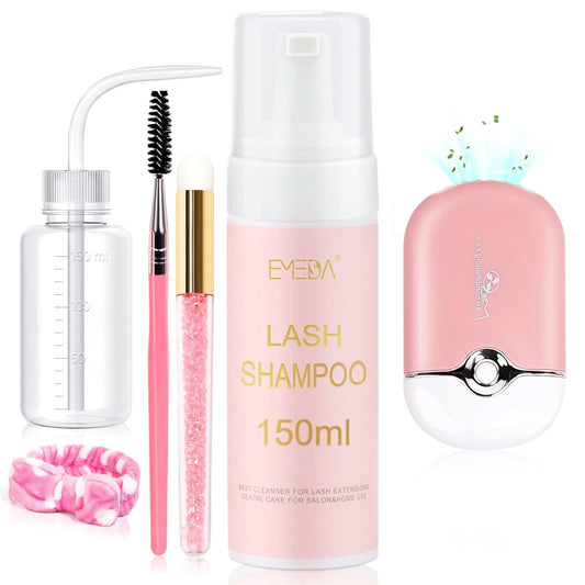 EMEDA Lash Shampoo for Lash Extensions Lash Cleaning Kit 150ml with Lash Fan Dryer Lash Extension Cleanser Oil Free Foam Soap Lash Bath with Rinse Bottle, Brush, Hair Band
