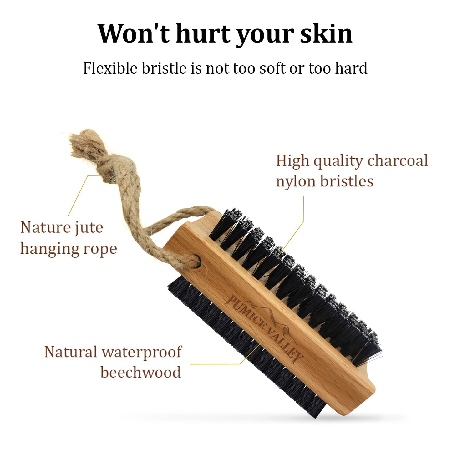 Wooden Cleaning Finger Nail Brush with Nylon Charcoal Bristles & Hanging Rope - Double-Sided Fingernail Brush for Scrubbing Fingernails and Toes (Beechwood)