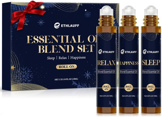Essential Oil Roller Set, (Sleep, Relax, Happiness) Aromatherapy Roll On for Body Skin Care, Home - Natural Aromatherapy Gift, Relaxtion Gift, Stress Relief Gift for Women and Men