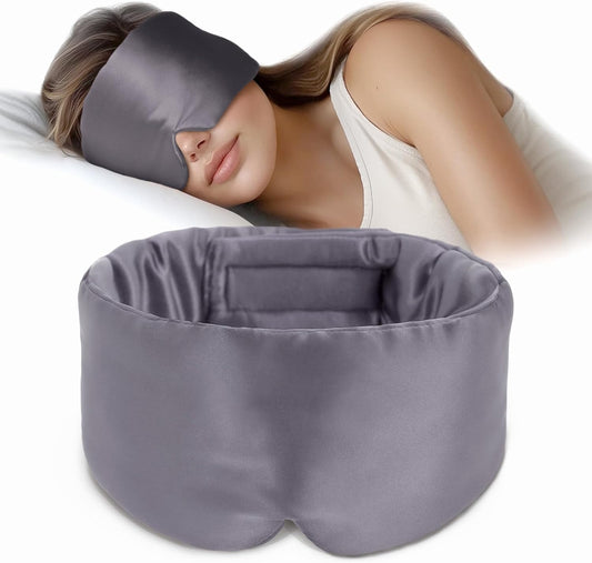 Silk Sleep Mask Soft Pressureless: 100% Mulberry Silk for Eye Skin Anti Wrinkles, Large Size for Total Blackout, Adjustable Wide Velcro Ear Cover, Charcoal