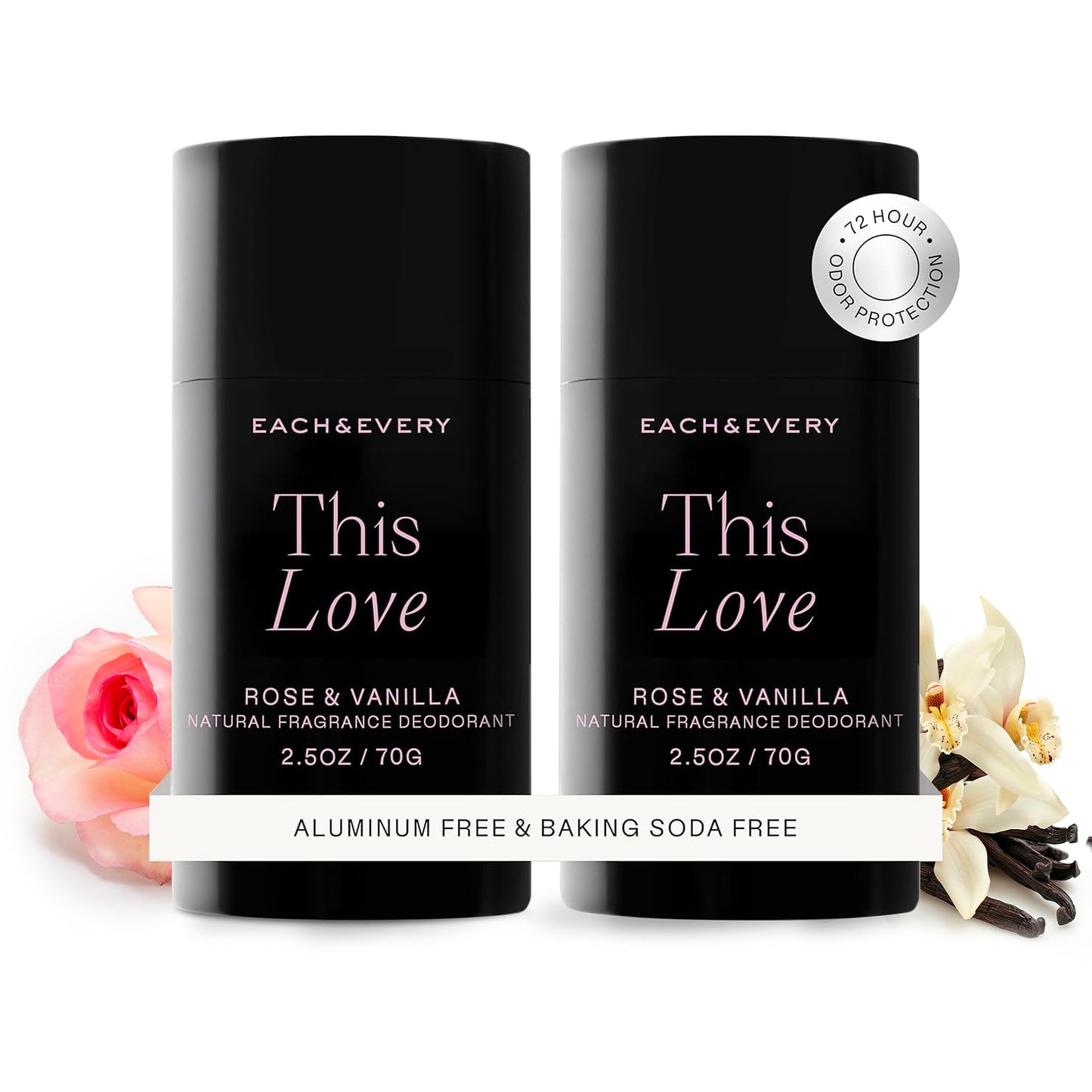 Each & Every Aluminum Free Deodorant for Women & Men, Rose & Vanilla - All Natural Deodorant for Sensitive Skin, EWG Verified - Clean, Baking Soda-Free, Plant-Based Fragrance - 2.5oz, 2 Pack