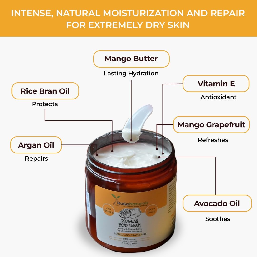 RaGaNaturals Mango Butter Hand & Body Cream for Dry Skin - All Natural, Tropical, Smell Good Moisturizer with Vitamin E and Avocado Oil - Non-Greasy, Vegan, Cruelty-Free Lotion for Women, Men - 8 Oz
