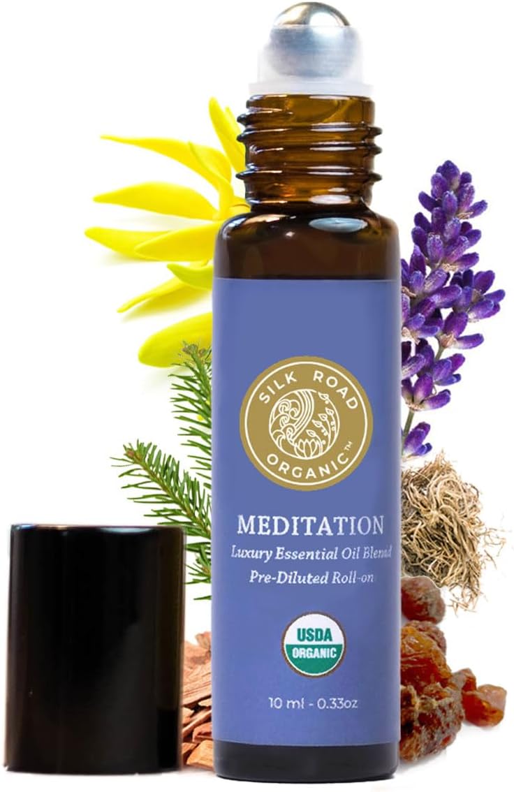 Silk Road Organic Meditation Essential Oil Empowering Blend Roll On,100% Pure USDA Certified Aromatherapy for Chakra Healing, Focus, Calming, Mindfulness & Spiritual Well-Being - 10ml Roller