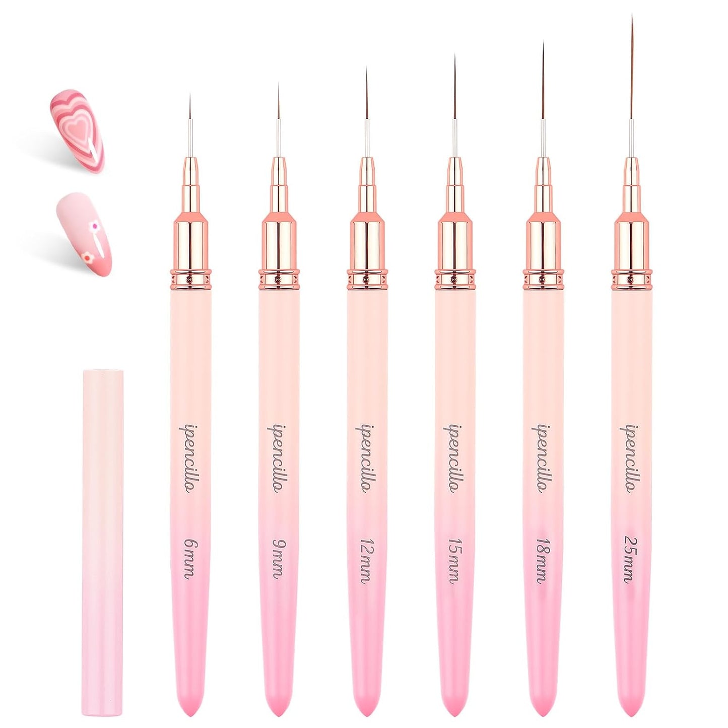 Nail Art Brushes, 6 Pcs Nail Liner Brushes for Nails, Nail Brushes for Nail Art Lines, Details, Edge and Plaid, Nail Art Brushes with Cap, Thin Liner Brushes Sizes 6/9/12/15/18/25 mm, Pink