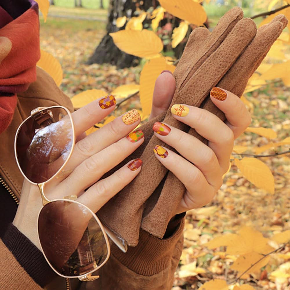 ALIBBON 6 Pcs Fall Nail Stamping Plates Set, Leaves Background Nail Art Stamp Templates, Pumpkin Gnome Stamp Templates Kit, Happy Thanksgiving Day Metal Nail Plates for DIY Printing Decor 4.7×2.4"