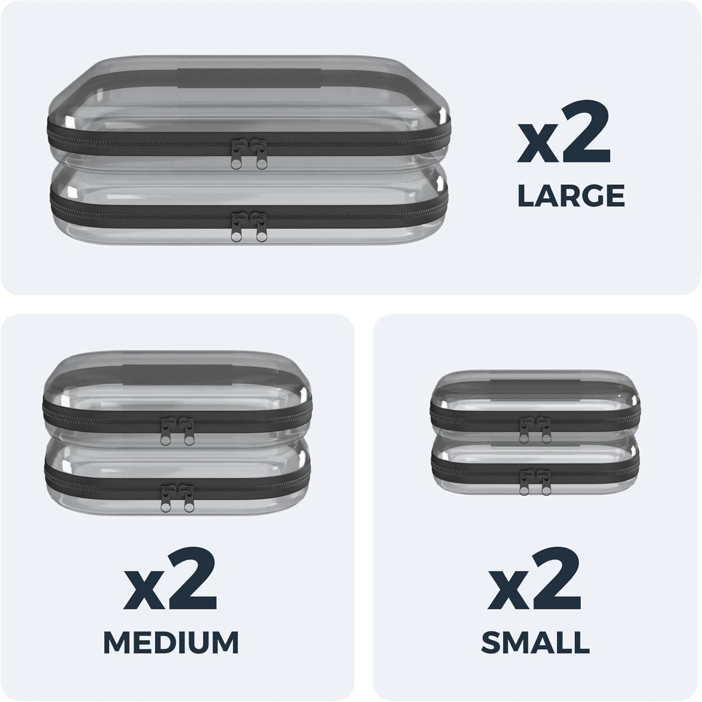 Extra Large 13.7" Durable Clear Travel Organizer Bags 6 Pack, 2x Large, 2x Medium, 2x Small, Clear Hard Shell Zipper Case, Hard Plastic Travel Toiletry Bag for Women, Toy & Make Up Organizer Pouch