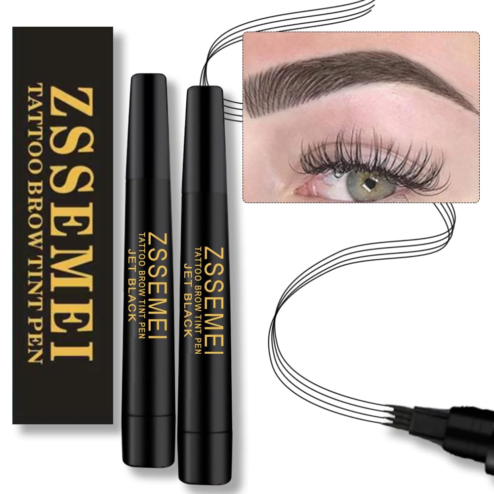 Waterproof Eyebrow Pen - Microblading Tattoo Brow Pencil, 24 Hours Long Lasting, Creates Natural Looking (Jet Black - 2 PCS)