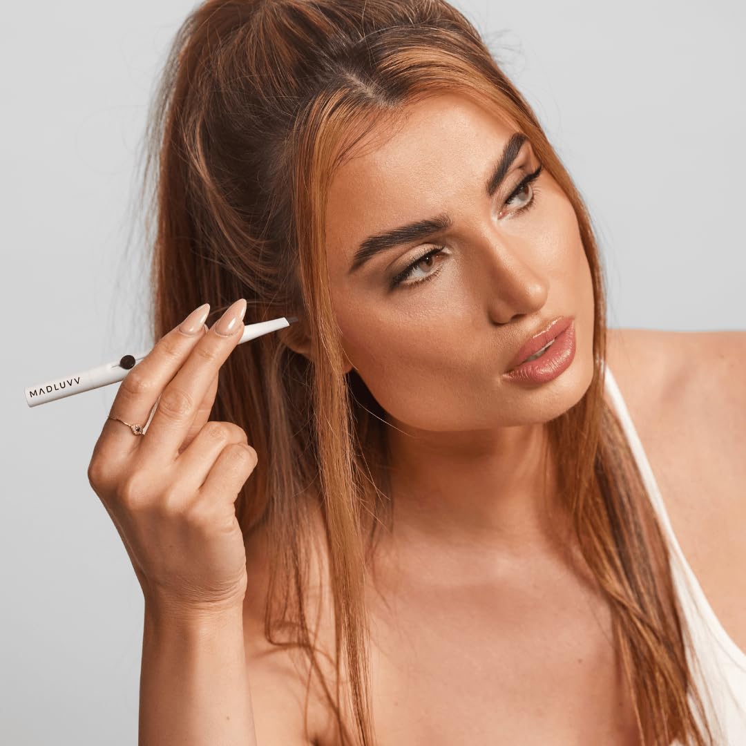 MADLUVV Exacto Brow Pencil for Flawless, Long Lasting, Realistic Brows with Dual-Ended Design Featuring Retractable Blade Tip for Precise Hair Like Detail and Blending Brush - Dark Grey