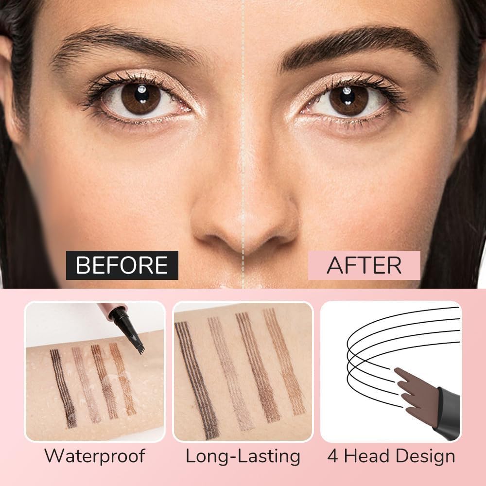 Microblading Eyebrow Pen, New 3D Microblading Eyebrow Pencil, Waterproof Eye Brow Pen with 4 Tip, Natural Magic Eyebrow Makeup Fine Stroke Contouring Pencil Long-Lasting Stay on All Day (Dark Brown)