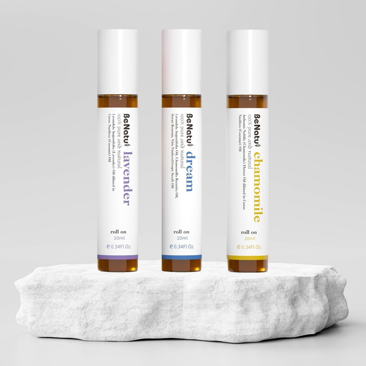 Benatu Essential Oil Roll On Set (Dream, Lavender, Chamomile), Aromatherapy Roller for Massage, Body Skin Care, Home - Natural Fragrance Gift for Women and Men