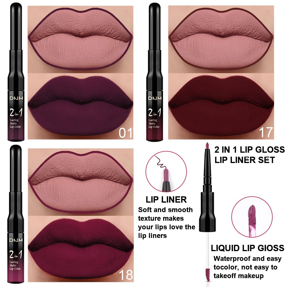evpct 3Pcs Dark Red Purple Plum Matte Liquid Lipstick and Lip Liner Set for Women Matte Burgundy Lip Tint Stain Long Lasting Waterproof, Black Cherry Blood Red Mauve Brown Gothic Goth Lipsticks Makeup