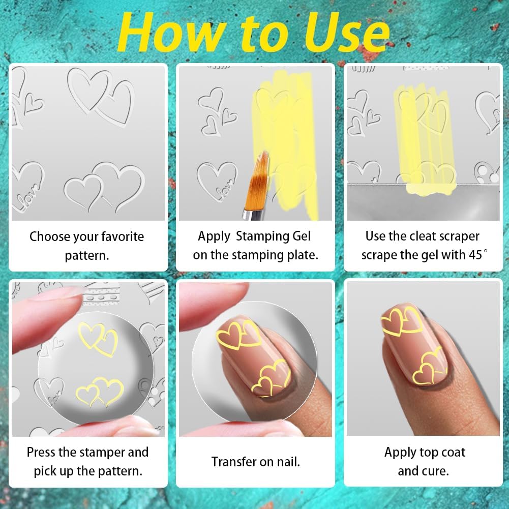 3Pcs Bow Nail Stamping Plate Set Girly Elements Romantic Heart Shape Stainless Steel Nail Stamp Templates Clear Silicone Nails Stamping with Stamper Scraper for Manicure Printing