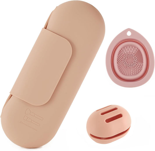 Silicone Makeup Brush Holder Set – Portable Travel Makeup Brush Holder with Makeup Sponge Holder and Foldable Cleaning Bowl – Upgraded 3-in-1 Cosmetic Organizer Set (khaki)