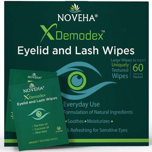 NOVEHA Demodex Eyelid & Lash Wipes | Box Of 60 Individually Wrapped Extra Strength Cleansing Eyelash Wipes - Battle Itchy & Irritated Eyes associated with Demodex Mites, Naturally Remove debris