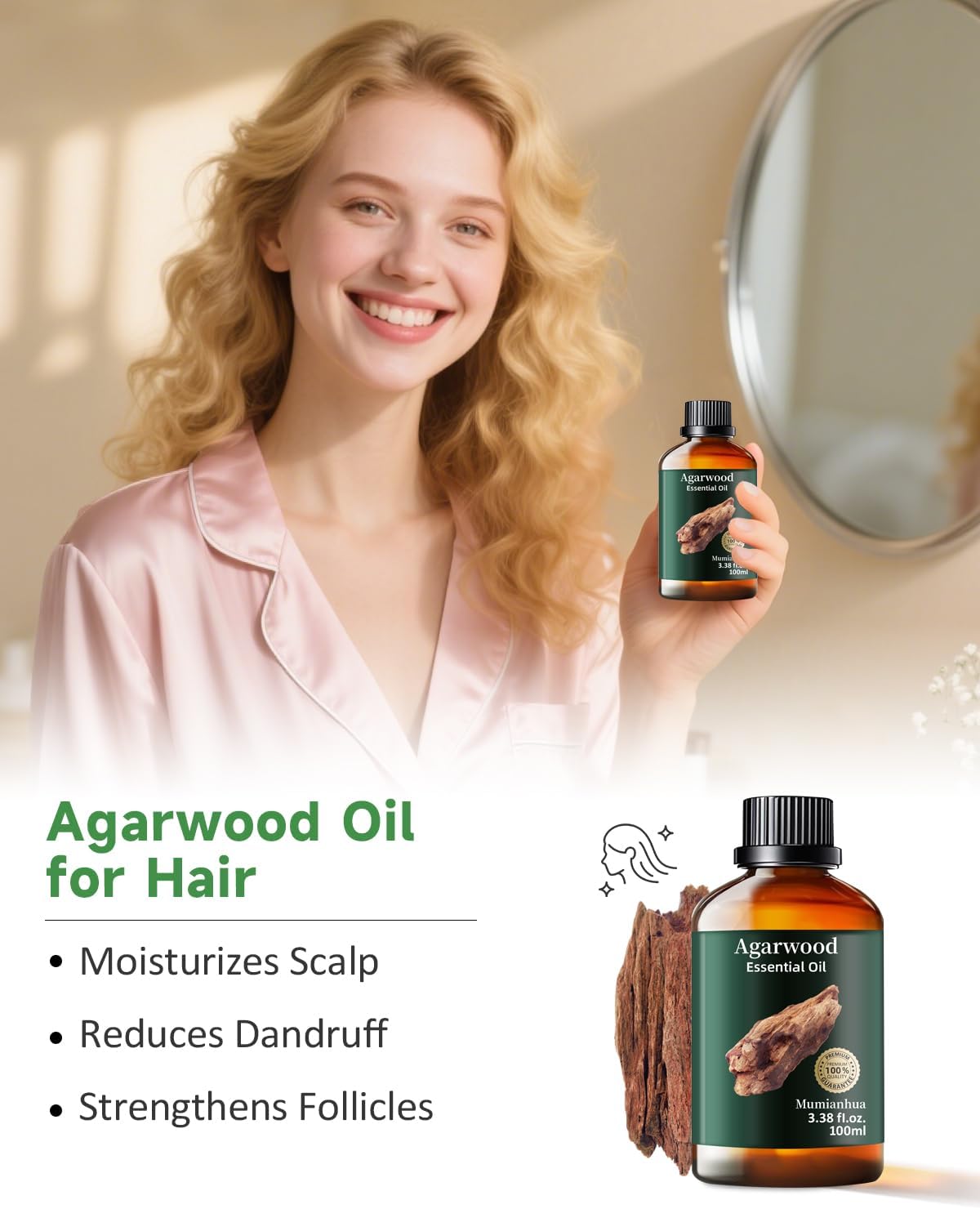 Agarwood Essential Oil, Mumianhua Natural Aromatherapy Agarwood Oil for Aromatherapy, Diffuser, Spray, Skin, Hair Care, Massage, Soap, Candle Making, Perfume 3.38 Fl Oz