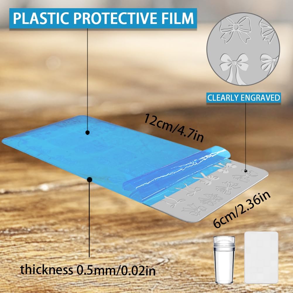 3Pcs Bow Nail Stamping Plate Set Girly Elements Romantic Heart Shape Stainless Steel Nail Stamp Templates Clear Silicone Nails Stamping with Stamper Scraper for Manicure Printing