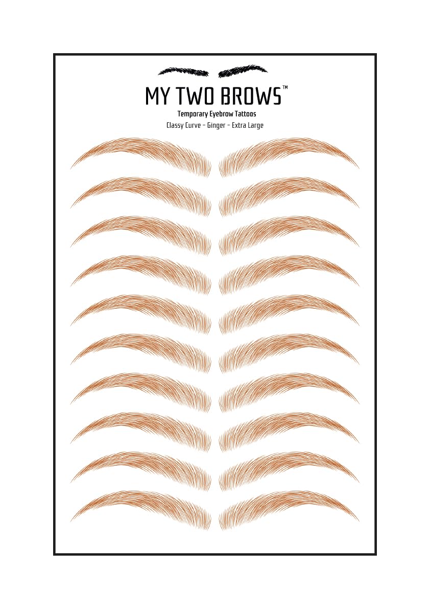 (10 pairs) Ginger Temporary Eyebrow Tattoo - Extra Large Size - Waterproof & Smudgeproof - Classy Curve Style Eyebrow Stickers - Sheet Lasts up to 30 Days - Won't Work on Existing Brows