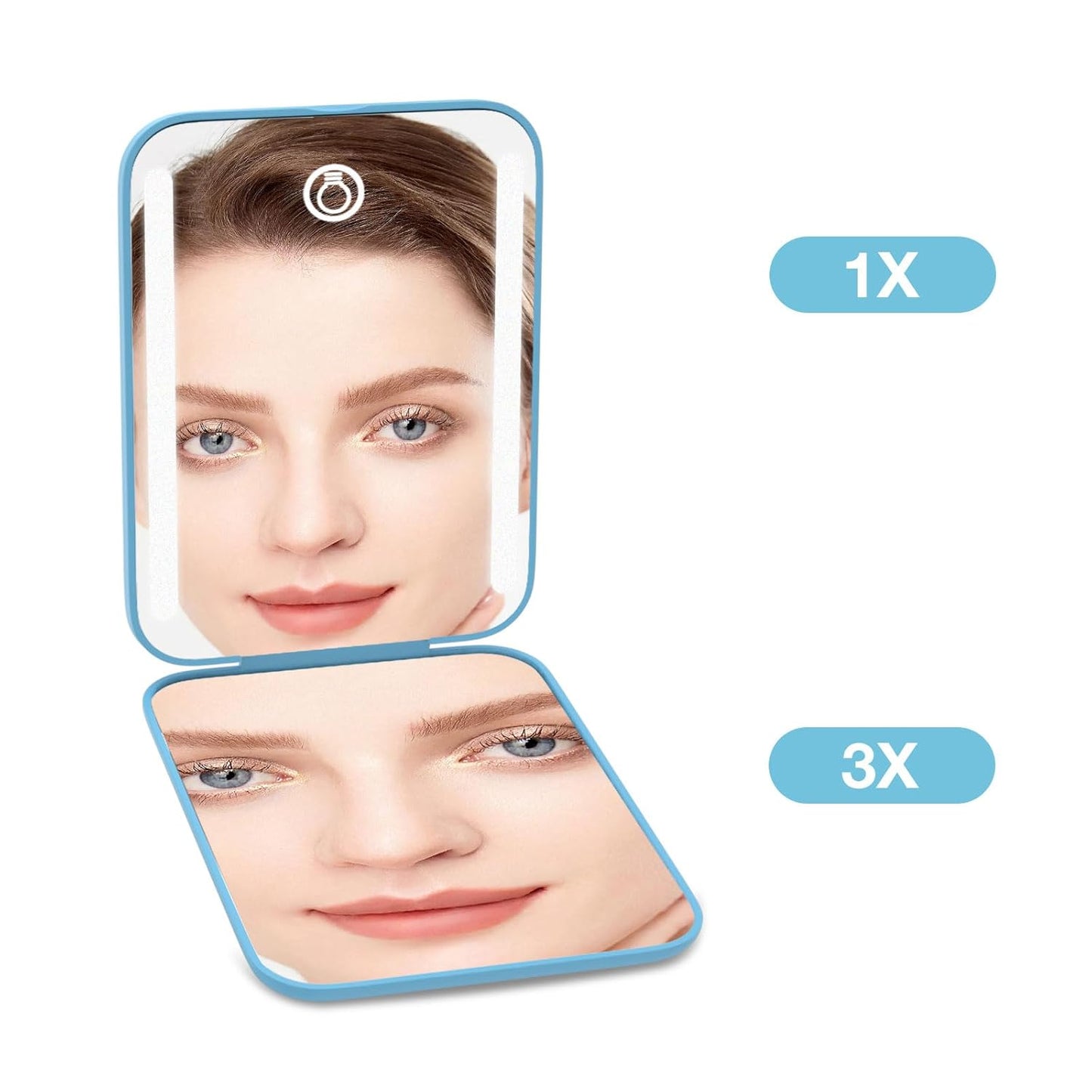 Kintion Rechargeable Pocket Mirror, Double Sided 1X/3X Magnification Compact Vanity Mirror, 3 Color Lights, Dimmable, Small Portable Wallet Mirror, Lighted Travel Mirror for Women Gifts, Blue