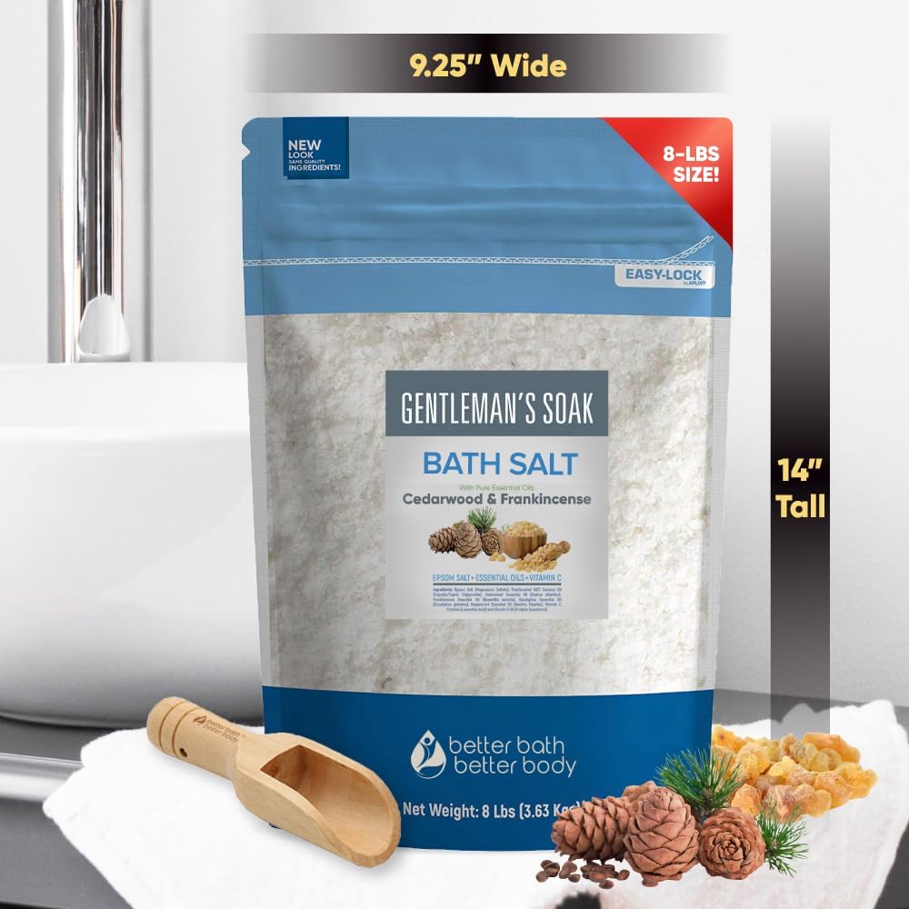 Gentleman's Bath Salt 128 Ounces Epsom Salt with Natural Cedarwood, Frankincense, Eucalyptus and Peppermint Essential Oils Plus Vitamin C in BPA Free Pouch with Easy Press-Lock Seal