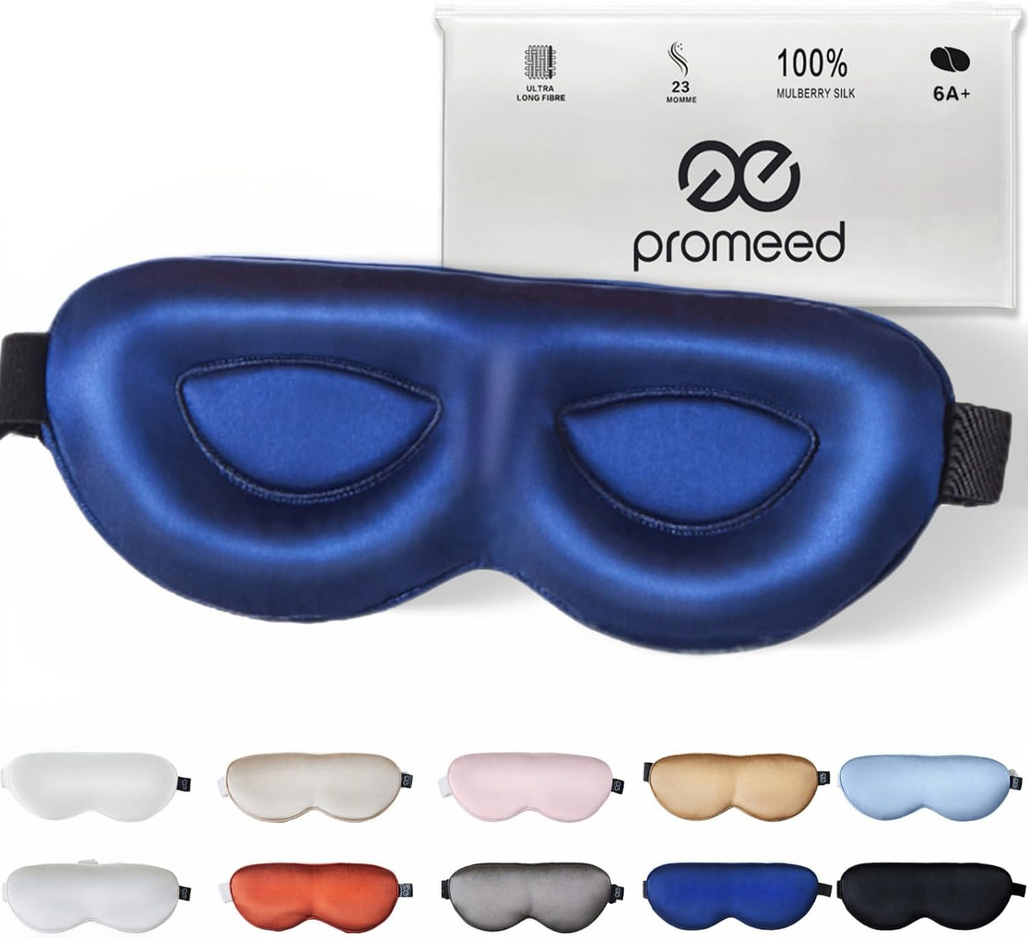 PROMEED Adjustable 100% Mulberry Silk Sleep Mask 23 Momme, 3D Contoured No-Pressure Cup Eye Mask for Sleeping, Super Soft Breathable Blindfold, Perfect Blocks Light for Sleeping (Navy)