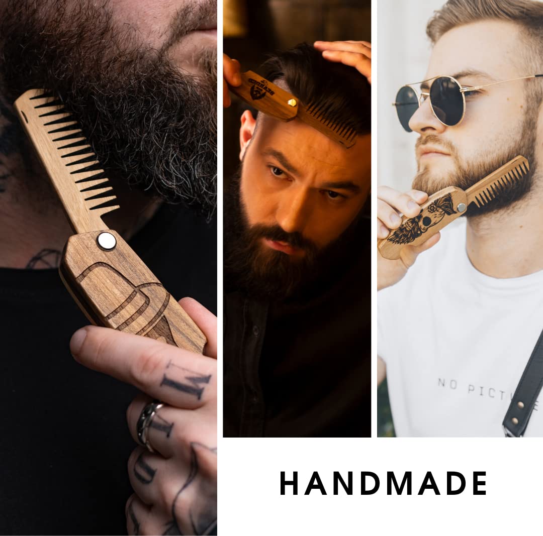 Beard Comb for Men Pocket Folding Combs for Mustache & Hair Travel Natural Wooden Comb with Real Man Engraving - Perfect for Use w/Beard Balm Oil (Wavy Half Skull) (Model RM)