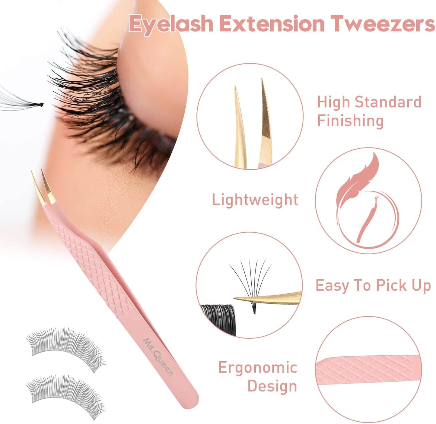 Ms.Queen Dolphin Tweezers for Eyelash Extensions,Professional Fiber Tip Curved Isolation Lash Tweezers with Diamond Grip