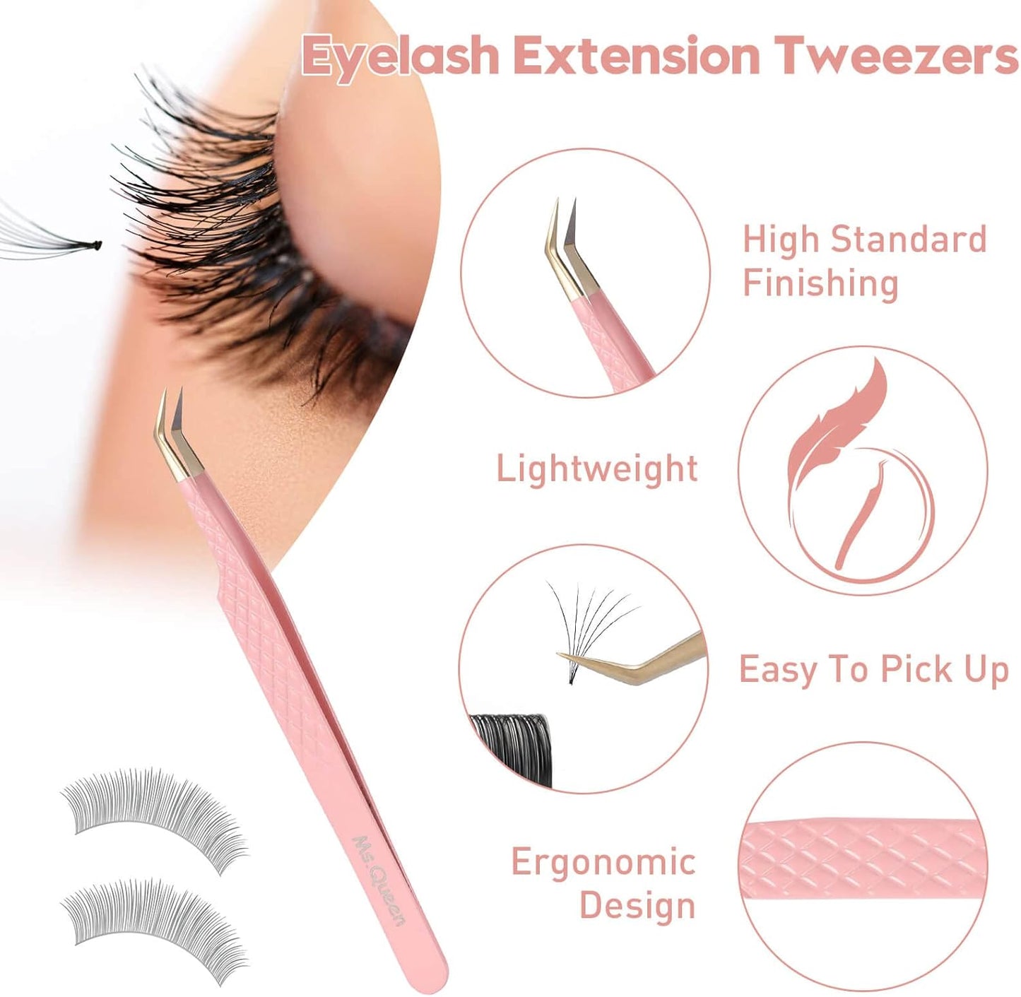 Ms.Queen Eyelash Tweezers for Extensions,Professional 3Pcs Fiber Tip L-Shaped Boot Volume Curved Lash Tweezers Set