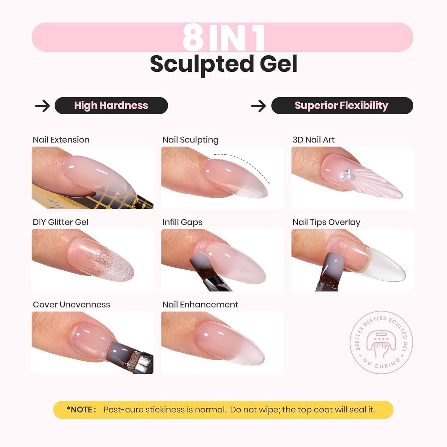 Beetles Hard Gel 8 in 1 60g Clear Scuplted Gel for Nail Extension Sculpting & Overlays High Hardness with Nail Accessories for Professional Use LED & UV Lamp Needed