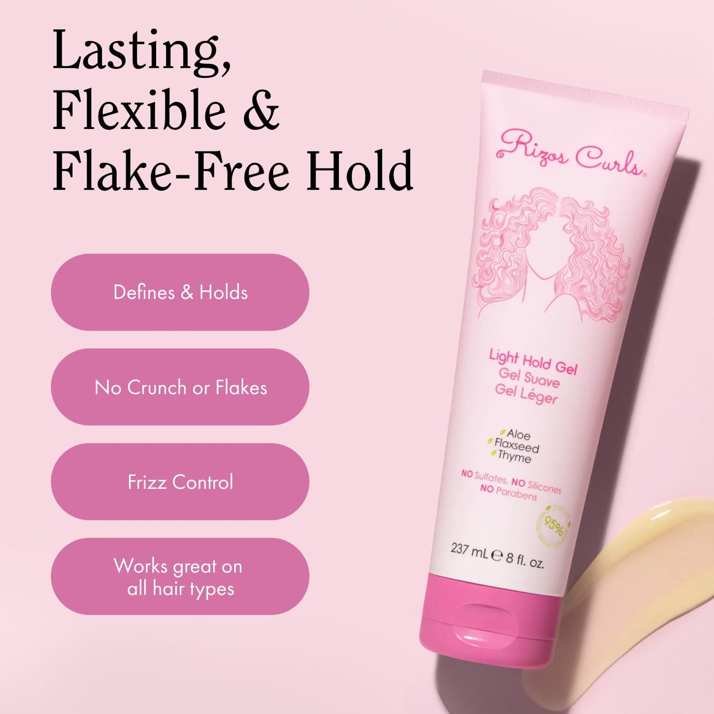 Rizos Curls Light Hold Gel – Flexible, Flake-Free, Frizz-Free Hold & Shine – Defines & Moisturizes Wavy, Curly, Coily 1a–4c Hair Types with Aloe Vera – Sulfate, Silicone & Paraben Free