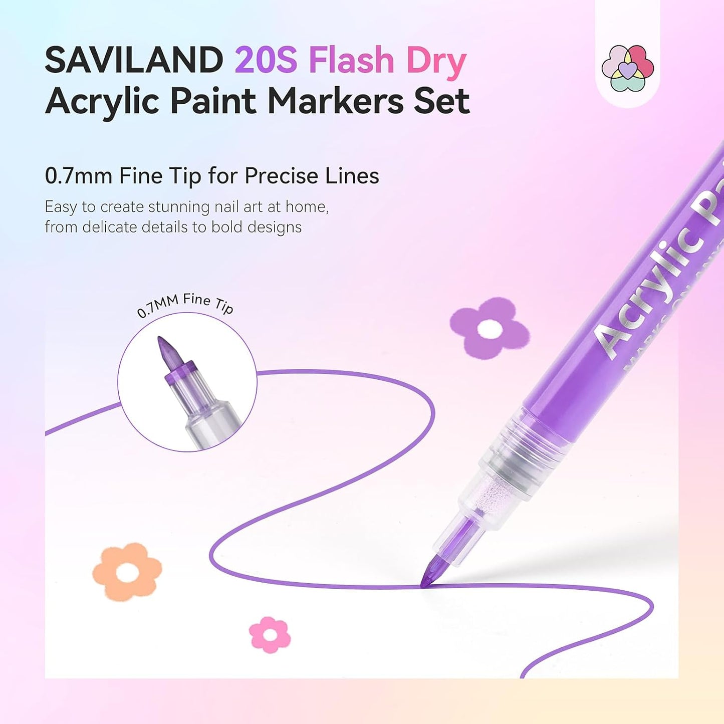 SAVILAND Essentials Nail Art Pens Set: 24 Colors Spring Summer 3D 0.7MM Quick Dry Nail Polish Pens for Nail Art Design Acrylic Paint Makers Drawing Point Liner Pen Dotting Tools Brush Home Salon DIY