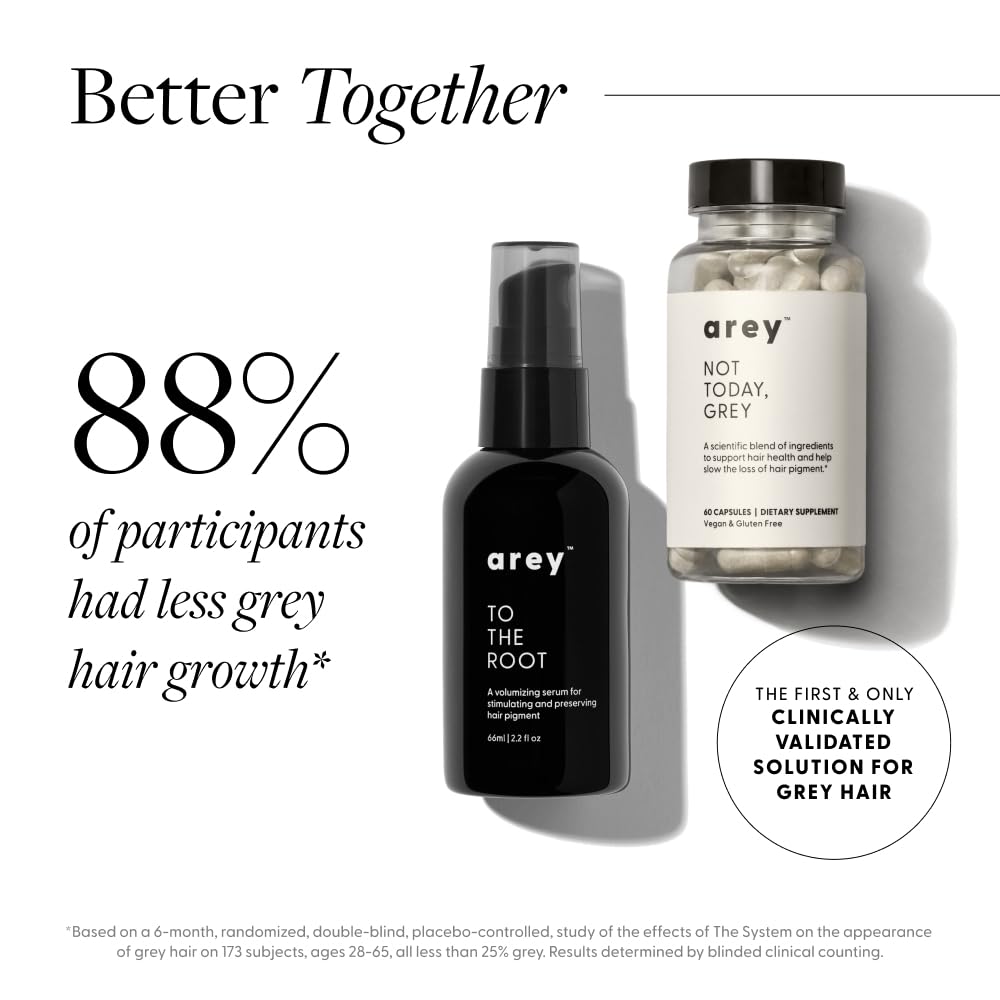 Arey The System Hair Serum and Supplements | Slows Grey Hair Growth, Promotes Healthier Hair & Repigments with Mela-9™ Complex, Antioxidants & Vitamins | Vegan, Oil-Free, Scent-Free (1 Month Supply)