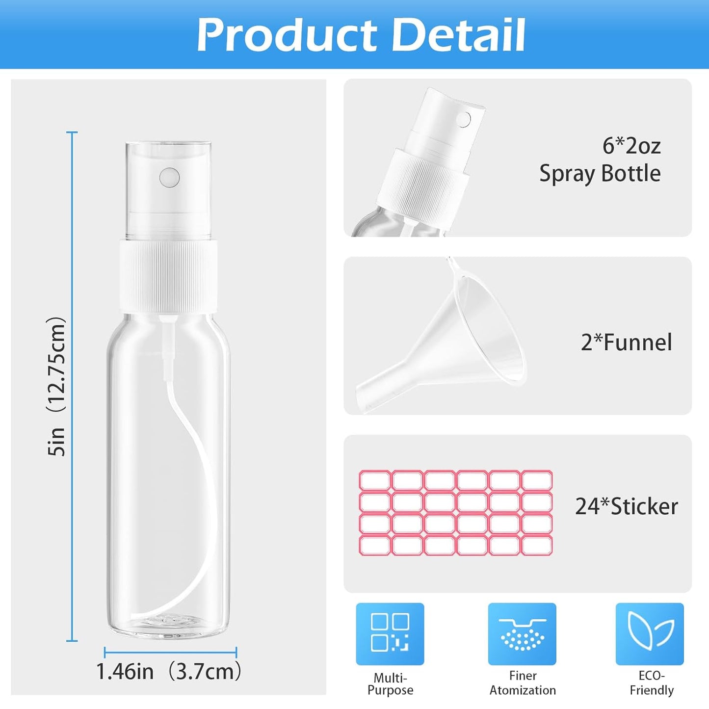 Spray Bottles, 2.7oz/80ml Clear Empty Fine Mist Plastic Mini Travel Bottle Set, Small Refillable Liquid Containers with 2pcs Funnels and 24pcs Labels (6 Pack)