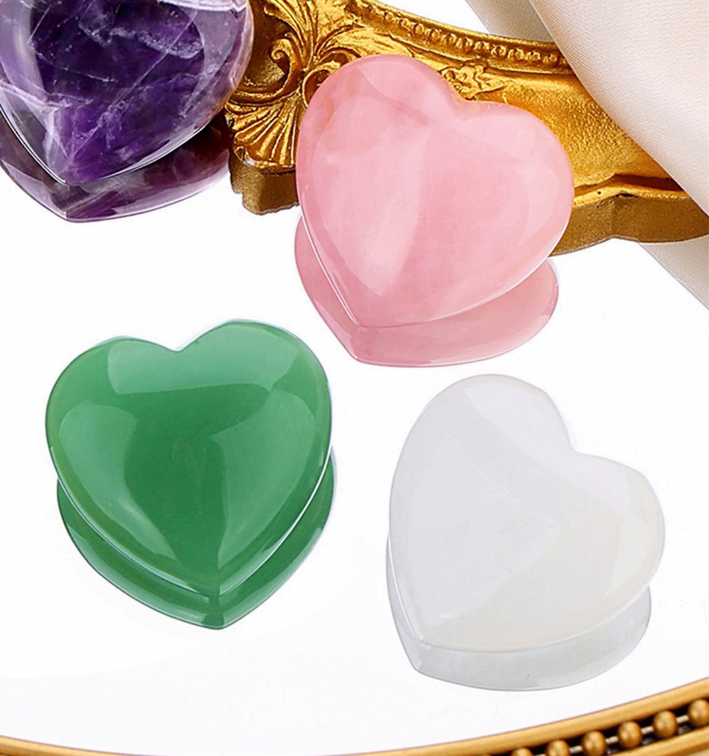 QINJIEJIE 3 PCS 1.2" Large Heart Crystals Rose Quartz Clear Crystal Green Aventurine Healing Natural Love Heart Shape Stones Polished Thumb Gemstones Therapy Reiki Energy Balancing Gifts