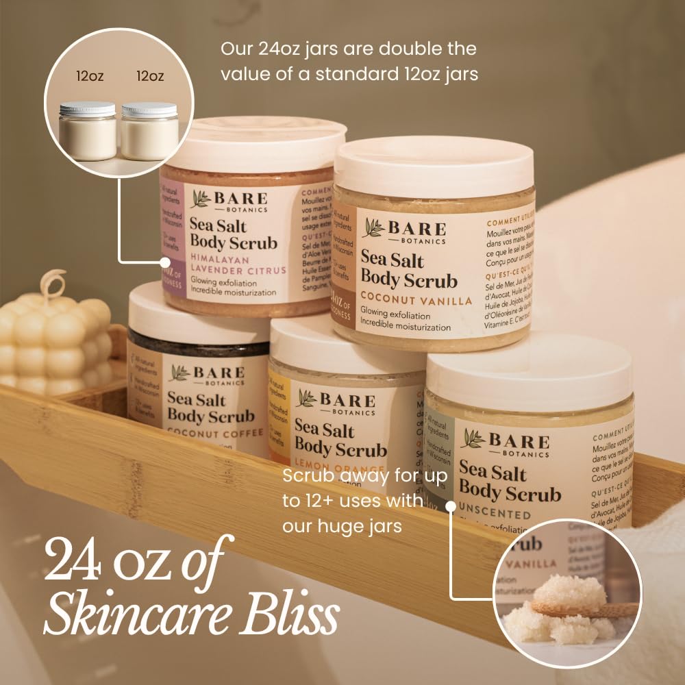 Bare Botanics Unscented Body Scrub 24 oz - Naturally Scented Sea Salt Scrub Made in Madison, WI - Formulated w/Skin Loving Moisturizers - Vegan, Cruelty Free Exfoliator w/a Cute Wooden Spoon