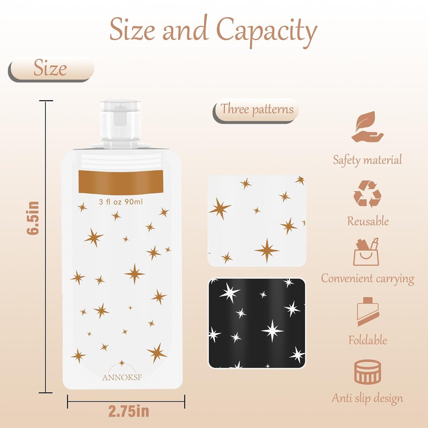 Travel Pouches for Toiletries 18 Pack - Leak-Resistant 3 oz Liquid Containers, TSA Approved Star Pattern Shower Gel & Cosmetic Bags (Black & White)