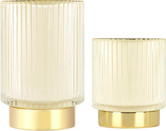 DASITON Makeup Brush holder Organizer,Crystal Cosmetic Makeup Brush Glass Brushes Storage Holder, Vintage Make Up Brush Cup Pen Pencil Holder striped vase(Cream S+L)