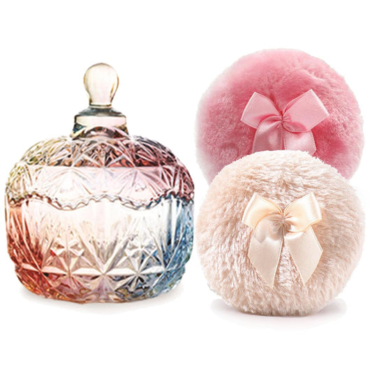 Luxury 4 Inch Glass Loose Powder Container with 2 Soft 3.5" Puffs｜Non-Sealed Refillable Organizer Storage for Body Powder Makeup & Jewelry & Setting Applicator(Crown-Colorful)