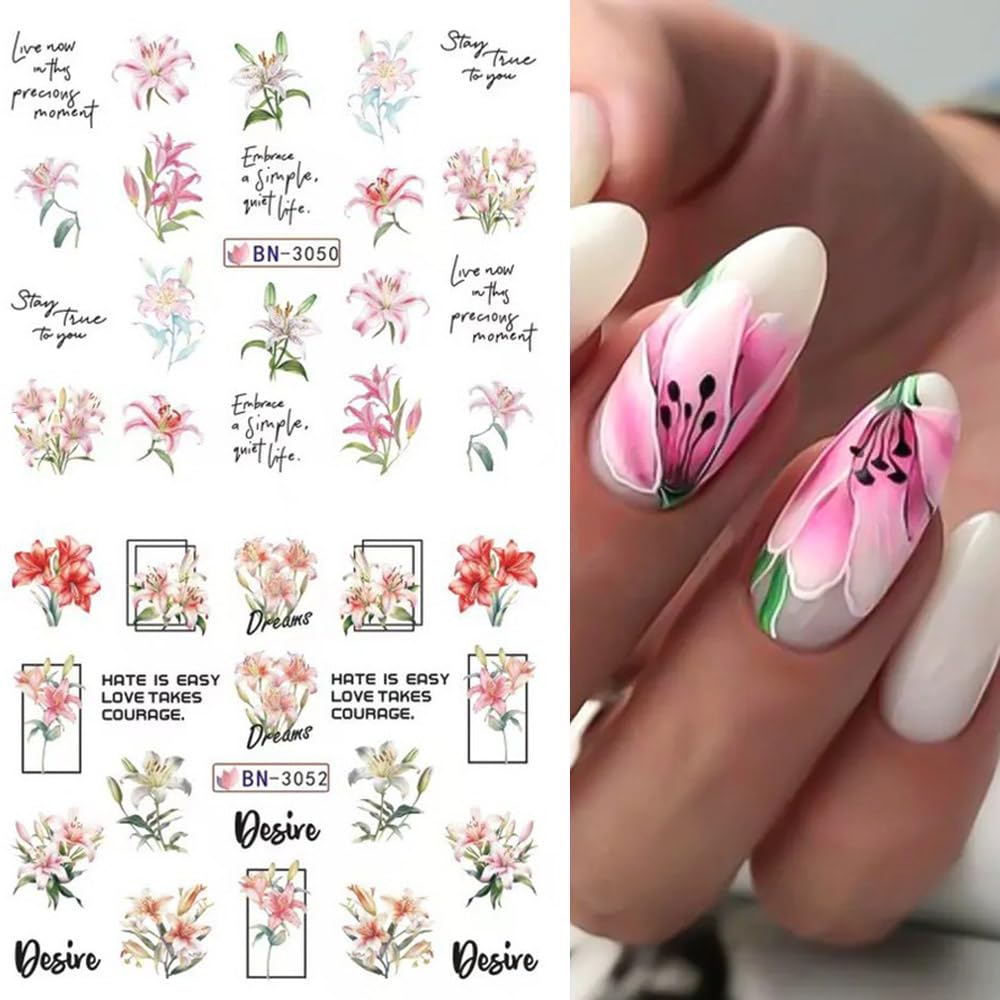 12 Designs Flower Nail Art Stickers - Lily Acrylic Decals for Spring Summer Decorations - Colorful Assorted Floral Water Transfer Slider Foil Sticker for Women