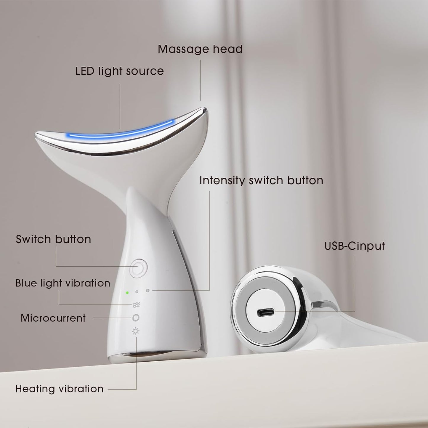 Face & Neck Massager | White LED Red-Light-Therapy-for-Face and Neck, Red Light Therapy Wand, 3 Color Led Massager for Skin Care