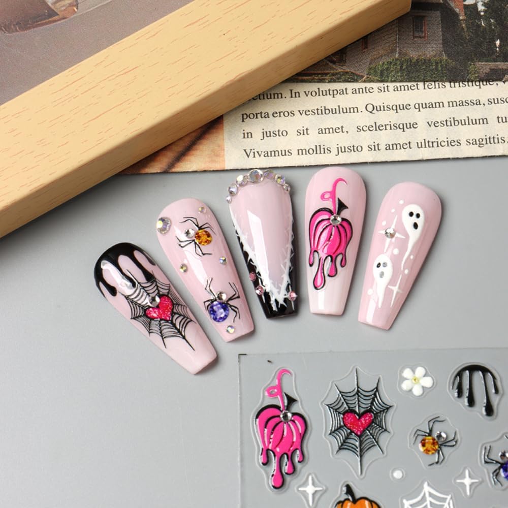 2Pcs Halloween Nail Stickers 5D Embossed Self Adhesive Day of The Dead Nail Decals with Cute Ghost Design Spider Web Pumpkin Nail Art Stickers Halloween Nail Supplies Nail Art Decoration for Women