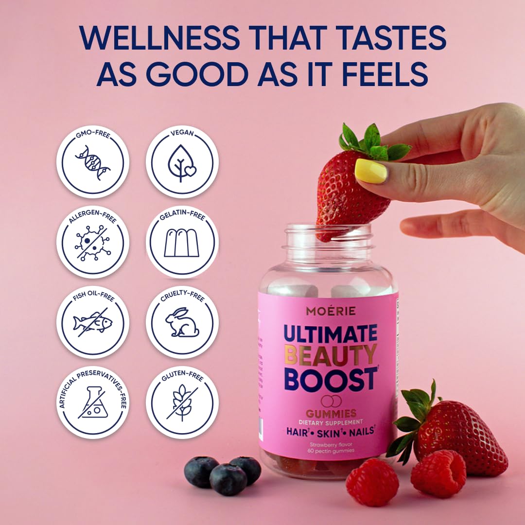 Moerie Hair Skin and Nails Gummies for Women & Men - Biotin for Hair Loss, Gummy Vitamins & Growth Dietary Supplements - Sugarbear for Thicker Hair - Allergen Free - 180 per Serving - Balanced Diet