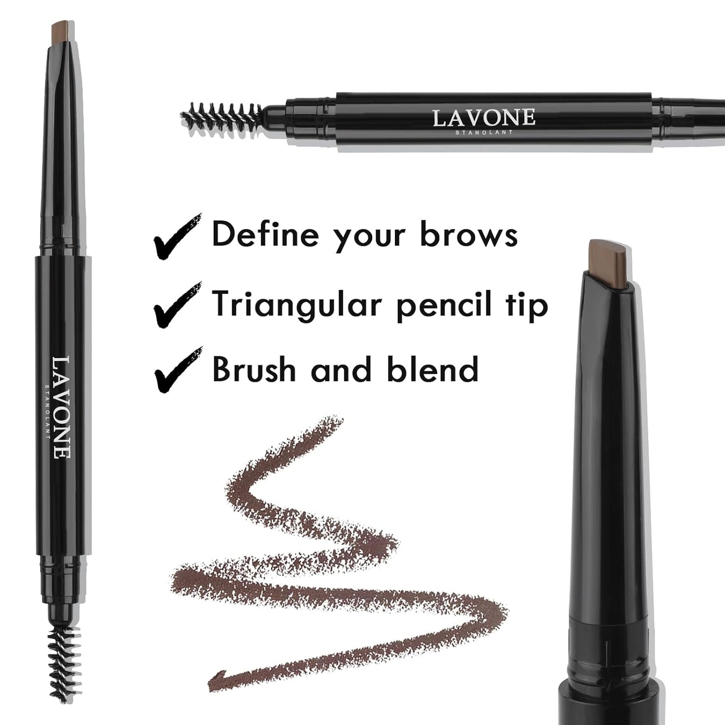 LAVONE Eyebrow Stamp Stencil Kit - Brow Stamp Trio Kit with Waterproof Eyebrow Pencil, Pomade, 20 Stencils, Dual-ended Brush and Sponge Applicator - Dark Brunette