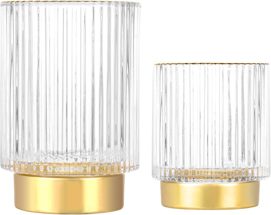 DASITON Makeup Brush holder Organizer,Crystal Cosmetic Makeup Brush Glass Brushes Storage Holder, Vintage Make Up Brush Cup Pen Pencil Holder striped vase(Clear S+L)