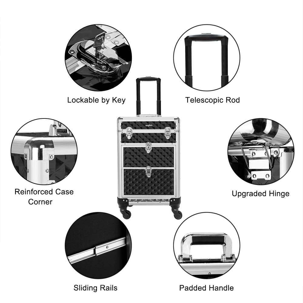 mefeir Aluminum Rolling Makeup Train Case, Portable Makeup Organizer Suitcase, Cosmetic Storage Box, Travel Beauty Luggage Trolley Lockable w/4 Removable Wheels & 2 Sliding Drawers (Black)
