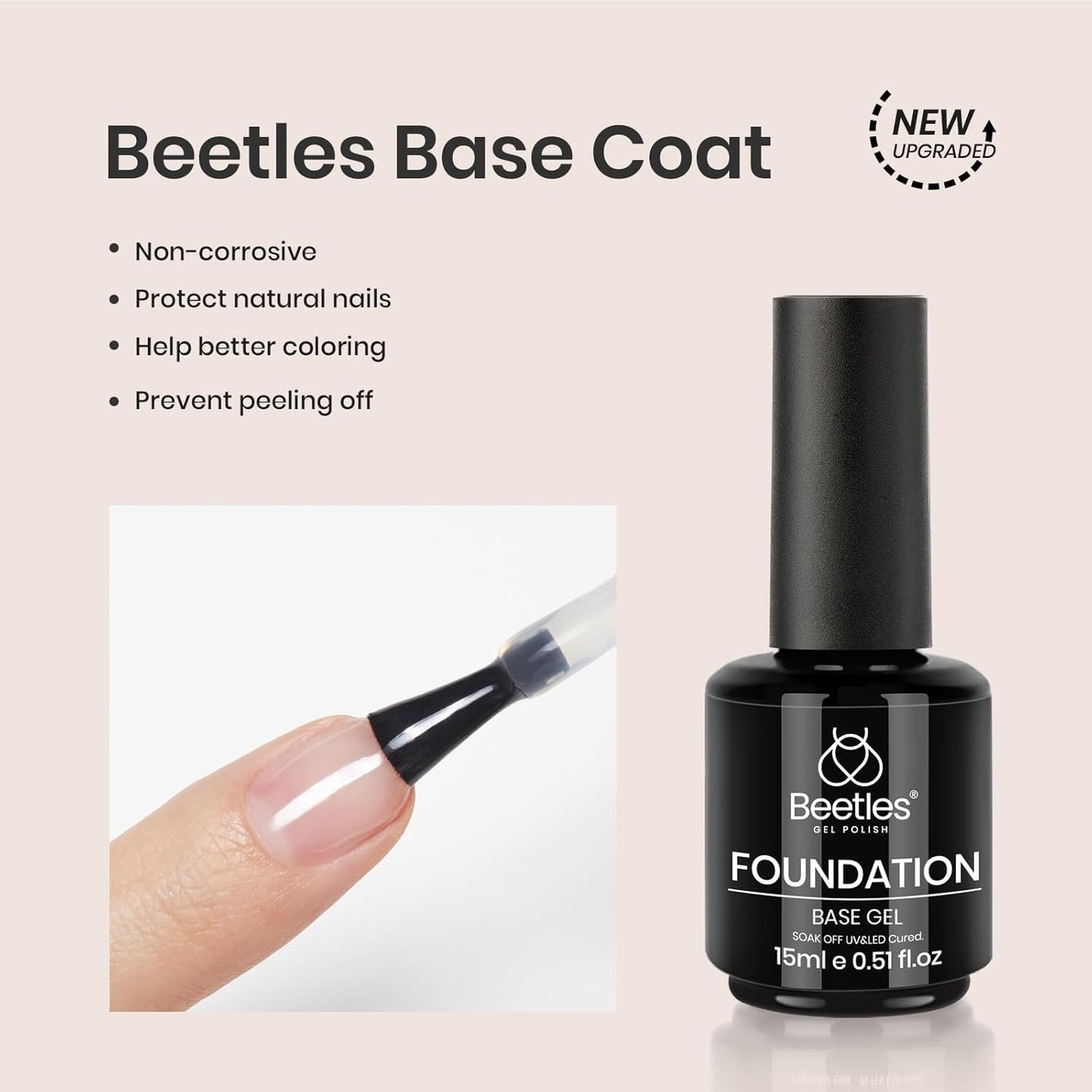 beetles Gel Polish Base Gel Top Coat Set, 2Pcs 15ML Clear Base and No Wipe Top Coat Soak Off UV LED Glossy Shine Finish Long Lasting DIY Nail Salon Manicure Gift for Women